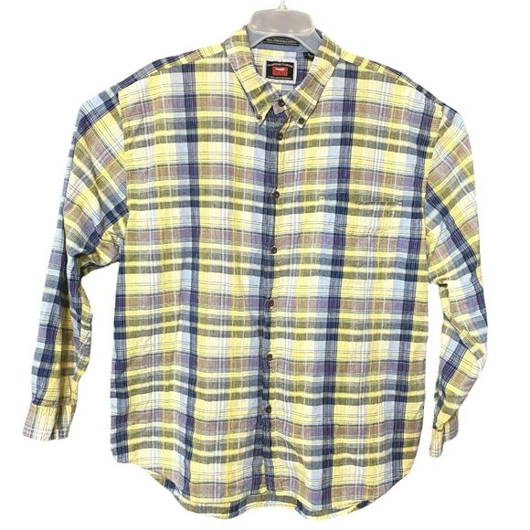 Wrangler Hero Button Down Shirt Mens Size XL XLarge Yellow Blue Check Cotton L/S - Picture 1 of 10